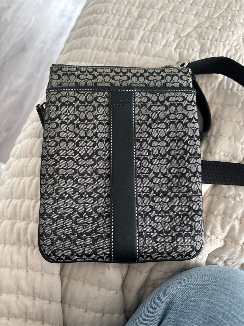 COACH Vintage Signature C LogoCanvas Crossbody Bag in black leather trim